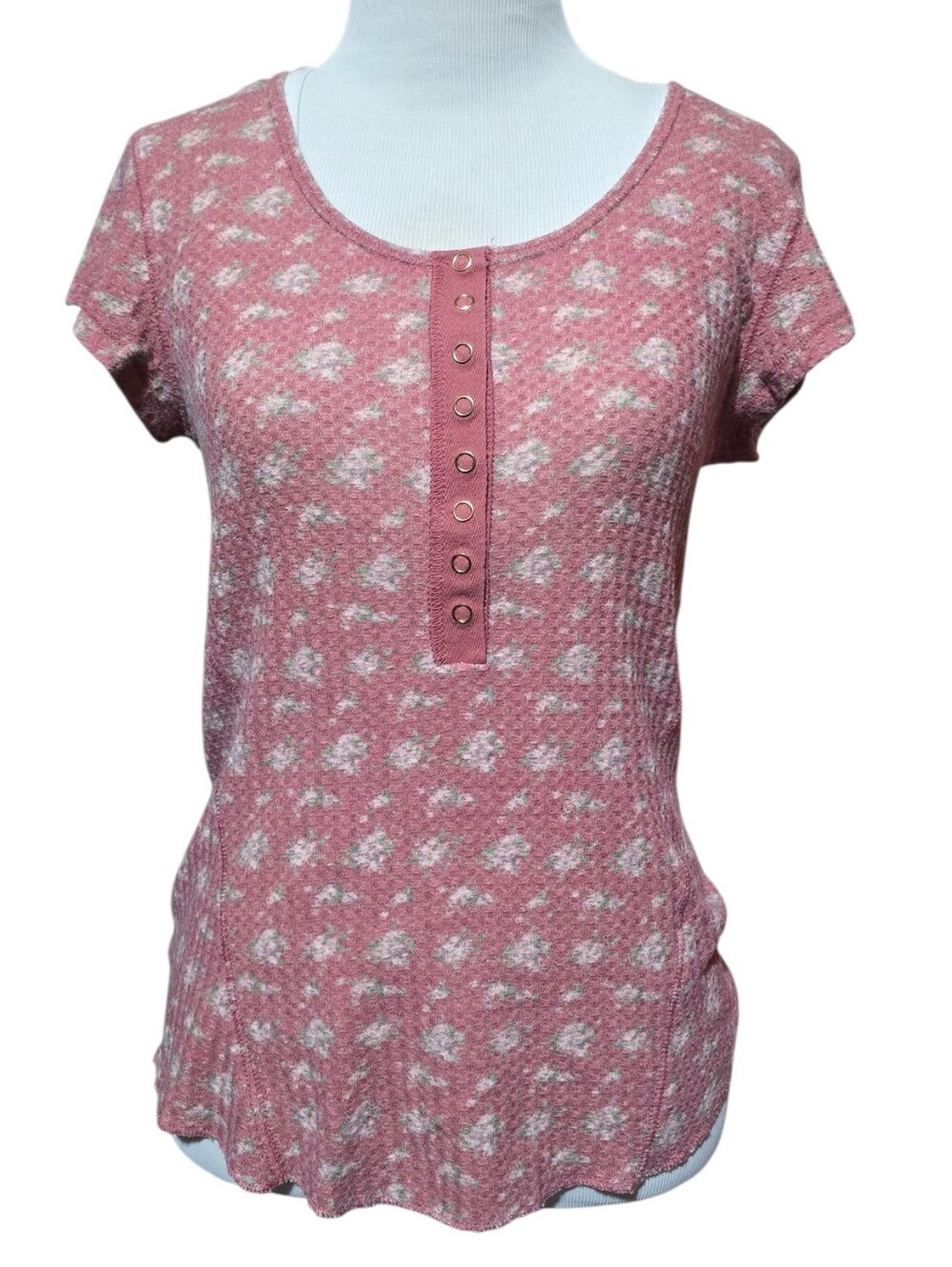 NATURAL LIFE Reagan Waffle Knit Henley Top Pink Floral Size Medium